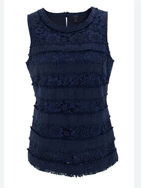 J.Crew Navy Blue Lace Tweed Stripe Overlay Sleeveless Knit Top Size Medium